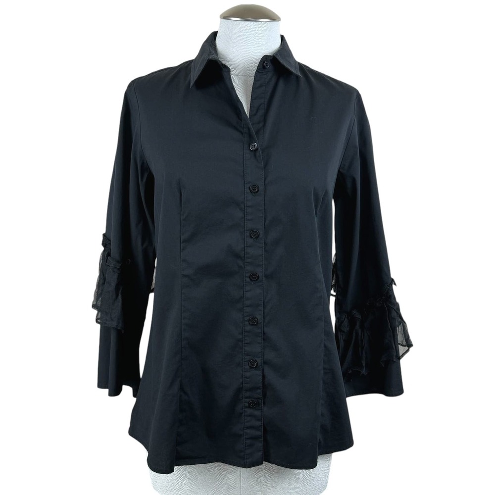 Finley Women's Black Button Down Blouse Ruffle Cuff Top Made in USA‎ Size Small